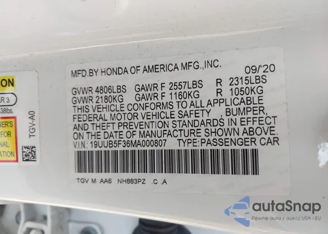 2021 Acura Tlx Standard from USA, damaged, VIN 19UUB5F36MA000807